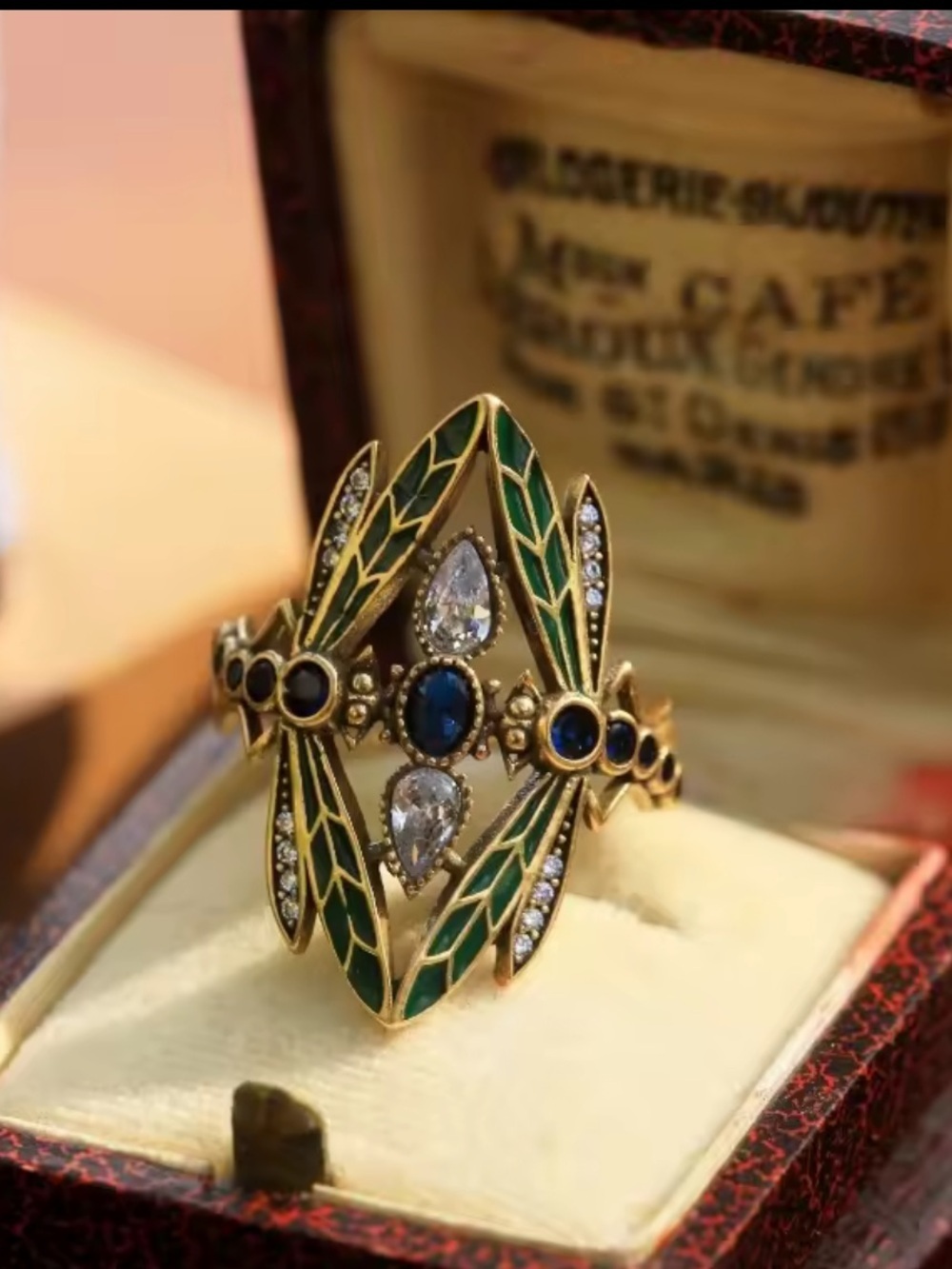 Vintage Green Enamel & Blue Stone Cocktail Ring - Picture 2 of 4